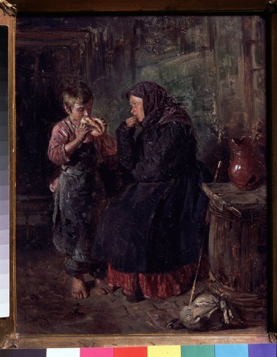 Yeniden birleşme (Birleşme). Çocuğunu, bastonunu ve sırt çantasını ziyarete gelen bir anne, yerde yatarken, paltosunu ve eşarbını hala kafasına takıyor ve bir çeşit çörek yerken oğlunu gözleriyle yiyip bitiriyor. O yalınayak, by Vladimir Egorovic Makovsky