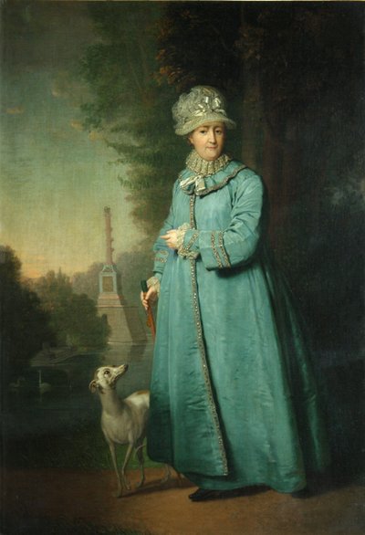 Catherine II, arka planda Chesme Sütunu ile Tsarskoye Selo
