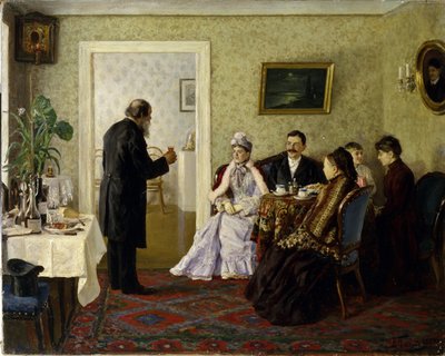 Yeni evliler kayınpederini ziyaret ediyor. (Kayınpederi ziyaret eden yeni evliler). Vladimir Nikolayevich Pchelin
