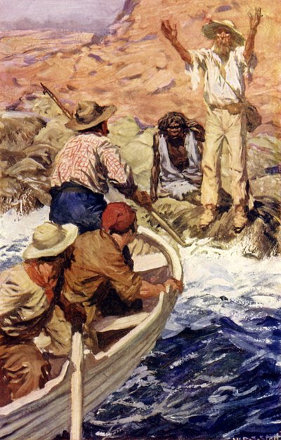 Edward Eyre, Fransız balina avcıları tarafından kurtarıldı (renkli taş) by W.R.S. (after) Stott