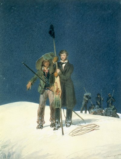 Charles Fellows with William Hawes, Plants a Baton on the Summit, Charles Fellows (1799-1860) tarafından yayınlanan A Narrative of an Ascent to the Summit of Mont Blanc (Mont Blanc Zirvesi Öyküsü), 1827