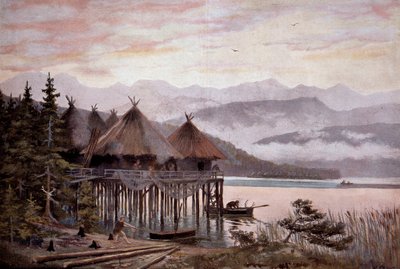 Prehistorya: Pierre çağında Zürih Gölü kıyısında kazıklar üzerinde köy bati. Göl köyü, Tarih öncesi göl kasabası. W. Kranz