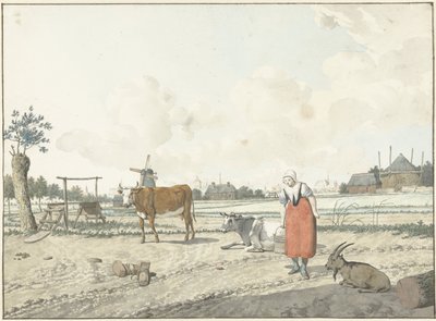 Çiftçinin karısı ve sığırıyla manzara by W. Barthautz
