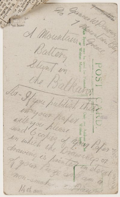 Liverpool Weekly Courier editörüne kartpostal, 14 Ağustos 1918 (kartpostalda kurşun kalem) by W. Dawson