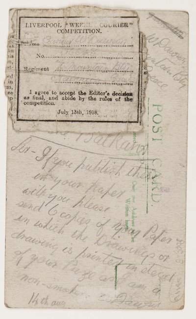 Liverpool Weekly Courier editörüne kartpostal, 14 Ağustos 1918 (kartpostalda kurşun kalem) by W. Dawson