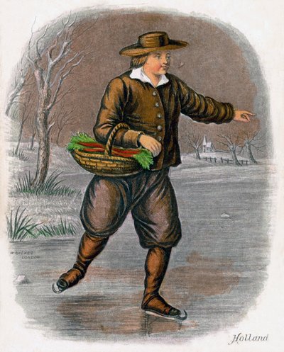 Hollandalı Adam Sebze Sepeti ile Paten Yapıyor, 1809. by W. Dickes