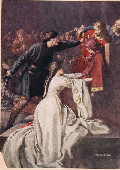Hamlet, Kral'ı zehir içmeye zorluyor, William Shakespeare'in 'Hamlet'inden, Hodder und Stoughton tarafından 1915'te yayınlanan baskı by W. G. Simmonds