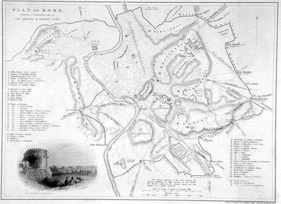 Roma, İtalya: Antik ve Modern Sitelerin Karşılaştırmalı Haritası, c.1850 (gravür) by W Hughes