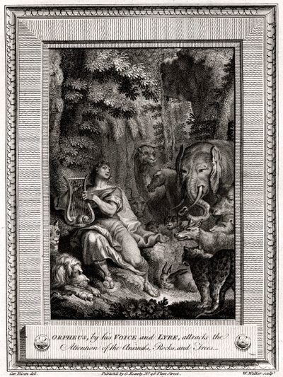 Orpheus, Sesi ve Liriyle Hayvanlar, Kayalar ve Ağaçların dikkatini çeker, 1774. by W. Walker