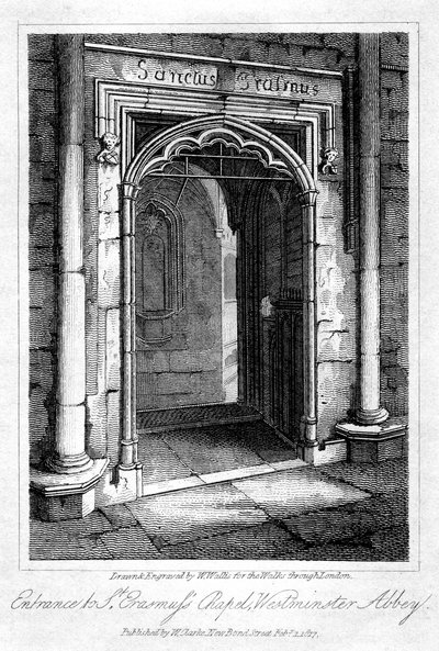 St Erasmuss Şapeli'ne giriş, Westminster Abbey, Londra, 1817. by W. Wallis
