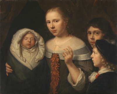 Üç çocuklu genç bir kadının portresi by Wallerant Vaillant (attributed to)