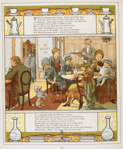 Büfede içecekler olan bir aile. 'Yurtdışından' Renkli İllüstrasyon. by Walter Crane