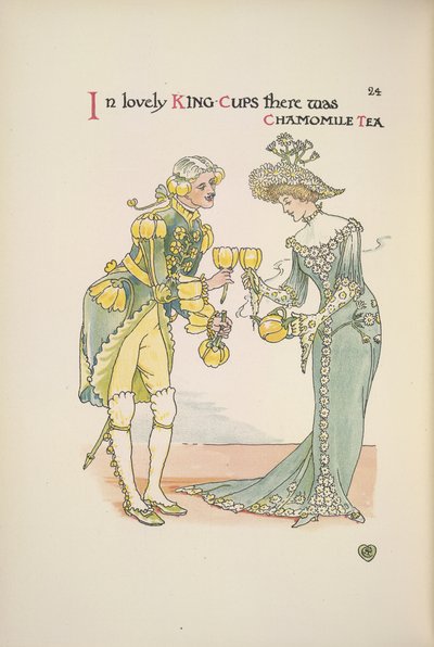 Papatya çayı tutan bir erkek ve bir kadın by Walter Crane