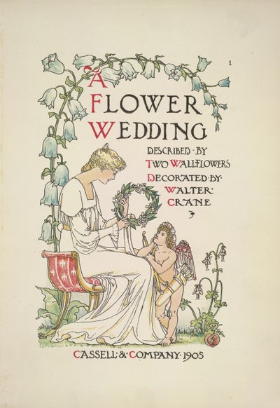 Çelenk tutan oturan bir kadın; ona bakan bir melek by Walter Crane