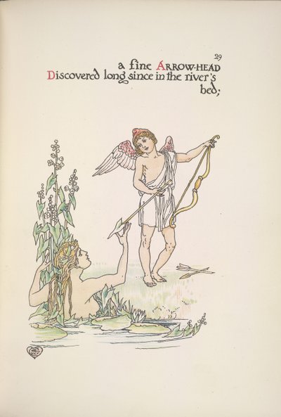 Ok tutan bir melek ve nehirde veya gölde bir hanımefendi by Walter Crane