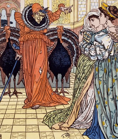 İki tavus kuşunun eşlik ettiği cadı hayaleti, Walter Crane'in (1845-1915) çiziminden gravür by Walter Crane