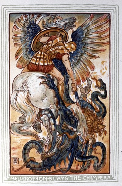 Bellerophon Chimaera'yı öldürüyor, c. 1900 (çizim) by Walter Crane