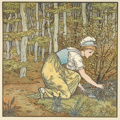 Almanca yazılmış bir kafiye olan 'Gefunden' için renkli illüstrasyon. Ormanda çiçek toplayan genç bir kadın. by Walter Crane