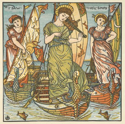 'Üç gemi gördüm' için renkli illüstrasyon. Gemilerde duran biri keman çalan üç kadın. by Walter Crane