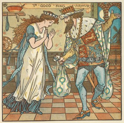 'Kral Arthur' için renkli illüstrasyon. Kral Arthur ve Kraliçesi, erikli puding yapmak için bir çuval malzemeyle. by Walter Crane