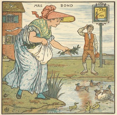 'Bayan Bond' için renkli illüstrasyon. Bir hanın önünde ördek besleyen bir kadın. by Walter Crane