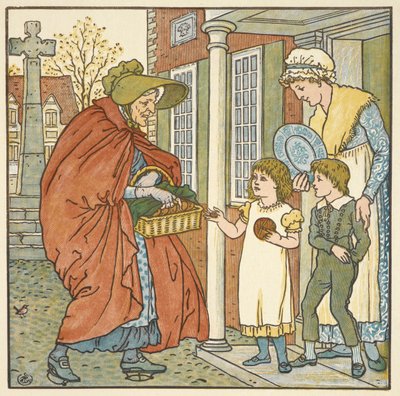 'Sıcak çapraz çörekler' için renkli illüstrasyon. İki çocuğa sıcak çapraz çörek veren yaşlı bir kadın. by Walter Crane