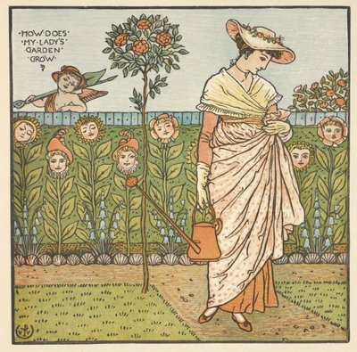 'Leydimin bahçesi' için renkli illüstrasyon. Bahçede elinde sulama kabı tutan genç bir kadın. by Walter Crane