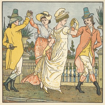 'Avignon köprüsünde' için renkli illüstrasyon. Dans eden iki çift. by Walter Crane