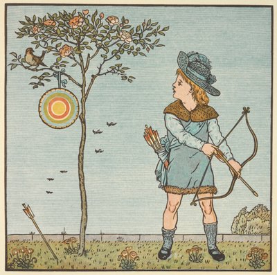 'Küçük horoz serçesi' için renkli illüstrasyon. Ok ve yayı olan küçük bir çocuk, ağaçtaki bir kuşa ateş etmek üzere. Bir tekerleme. by Walter Crane