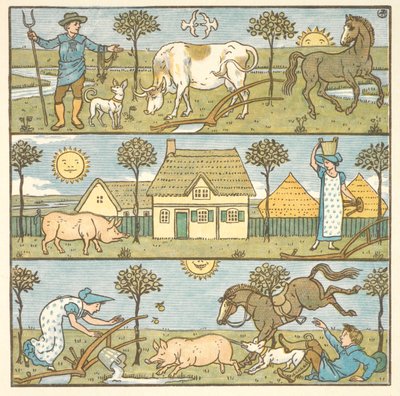 'Küçük felaket' için renkli illüstrasyon. Bir çiftçi, bir sütçü ve çeşitli çiftlik hayvanları. by Walter Crane