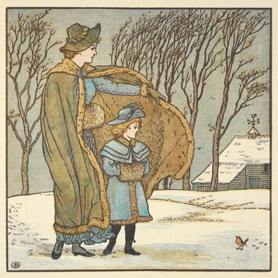 'Kuzey rüzgarı ve ardıç kuşu' için renkli illüstrasyon. Kış manzarasında dışarıda duran genç bir kız ve annesi. by Walter Crane
