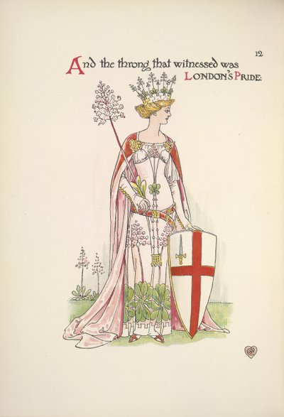 Londra'nın Gururu. Aziz George haçı olan bir kalkan tutan genç bir kadın by Walter Crane