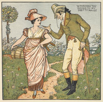 'Benim güzel hizmetçim'. Genç bir kadınla konuşan bir beyefendi. by Walter Crane