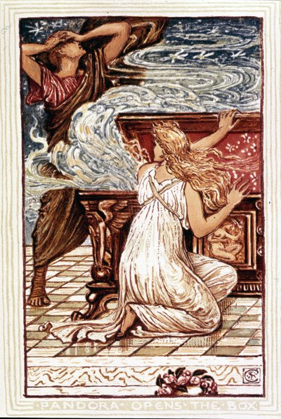 Pandora kutuyu açıyor. “Kızlar ve erkekler için harika kitap” için Walter Crane tarafından yapılan illüstrasyon, Londra 1893. by Walter Crane