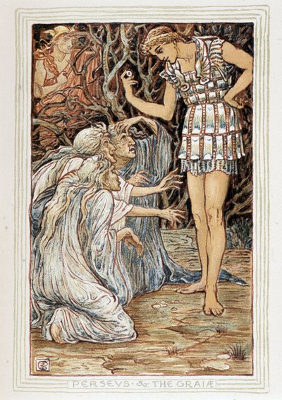 Persee ve Graia (Beotie, Yunanistan) - Üç yaşlı kadınla (cadı mı?) tanışır - Walter Crane (1845-1915) tarafından yazılan “Kızlar ve erkekler için harika bir kitap”ta by Walter Crane