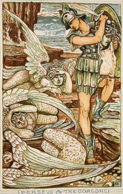 Perseus ve Gorgonlar, Nathanial Hawthorne'un 'A Wonder-Book for Girls and Boys' kitabından illüstrasyon by Walter Crane