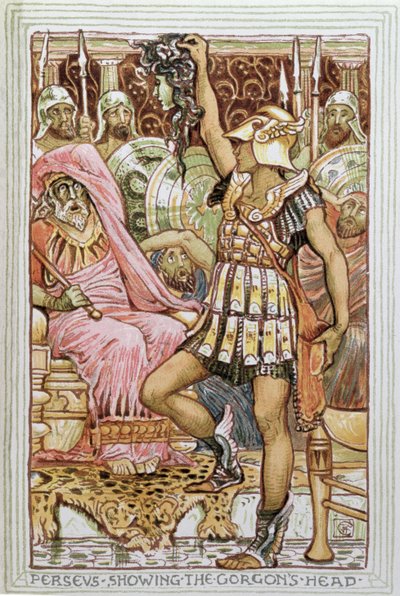 Perseus Gorgon'un kafasını gösteriyor, 1910'da Londra'da yayınlanan 'Yunan Mitolojik Efsanesi' için illüstrasyon by Walter Crane