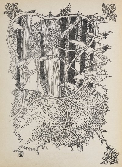 Yakışıklı Prens, büyümüş ormanın içinden geçerek Uyuyan Güzel'e doğru yol alır. by Walter Crane