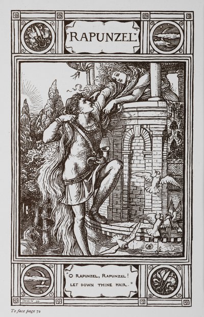 Bir prens saçlarına tırmanırken Rapunzel bir kulenin penceresinden dışarı doğru eğiliyor. by Walter Crane