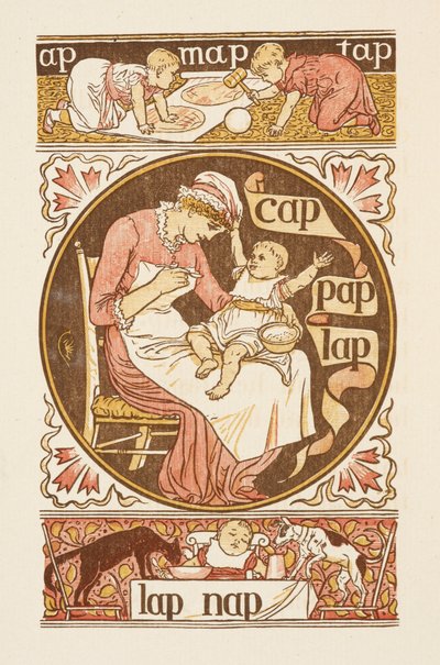 P harfiyle biten kafiyeli sözler. Bir çocuğu besleyen bir kadını gösteren bir illüstrasyon. Altın astar. by Walter Crane