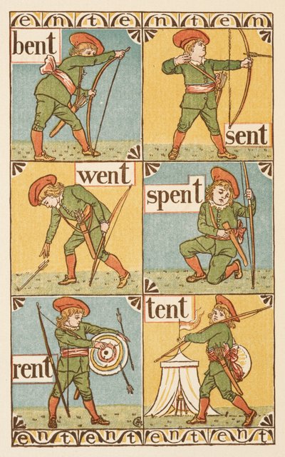 T harfiyle biten kafiyeli sözler. Ok ve yayı olan bir çocuk. Altın astar. by Walter Crane