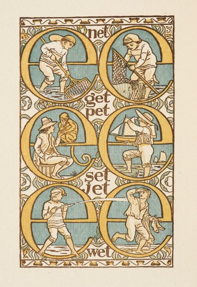 E harfinin kullanımını gösteren kafiyeli sözler. Altın astar. by Walter Crane