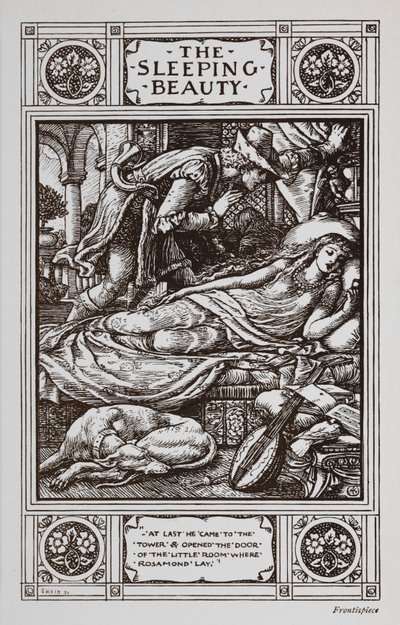Uyuyan Güzel, uyuyan bir köpek ve bir müzik aleti ile çevrili uyurken, Beyaz Atlı Prens onu izliyor. by Walter Crane