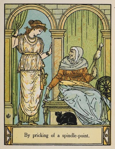 Uyuyan Güzel, elinde çıkrık ve iplik olan yaşlı bir kadının yanında duruyor. Altında siyah bir kedi oturuyor. by Walter Crane