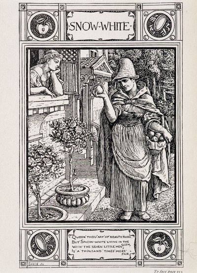 Pamuk Prenses ve elmasına bakan cadı - Almancadan Lucy Crane tarafından çevrilen “” Grimm Bros koleksiyonundan Ev Hikayeleri”nde, London mac millan & Co ltd by Walter Crane