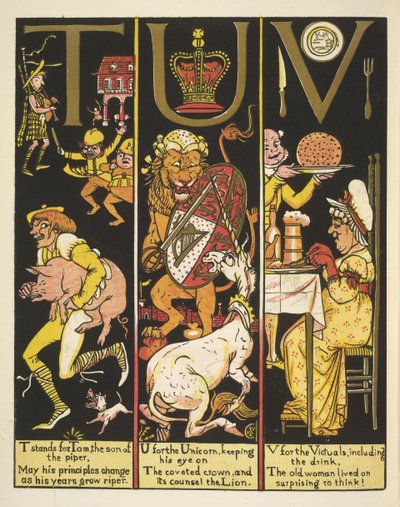 TUV- T, bir kavalcının oğlu Tom'un kısaltmasıdır; tek boynuzlu at için U; ve erzak için V by Walter Crane
