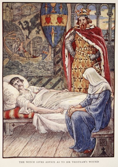 Cadı, Henry Gilbert'in "Yuvarlak Masa Şövalyelerinin Hikayeleri"nden Sir Tristram'ın Yarası hakkında tavsiyeler veriyor, ilk baskı, 1911 by Walter Crane