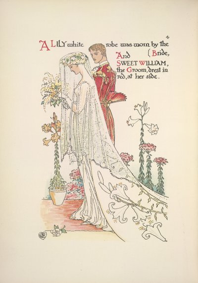 Gelin ve damat. Gelinin ve damat tatlı William'ın giydiği zambak beyazı bir cüppe, kırmızı bir elbise giymiş. by Walter Crane
