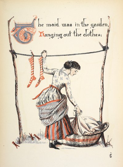 Hizmetçi bahçede kıyafetleri asıyordu. by Walter Crane
