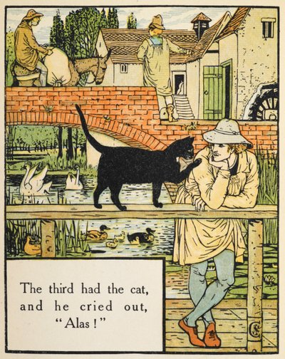 "Üçüncünün kedisi vardı ve "ah!" diye haykırdı. Değirmencinin oğlu ve kedisi. by Walter Crane